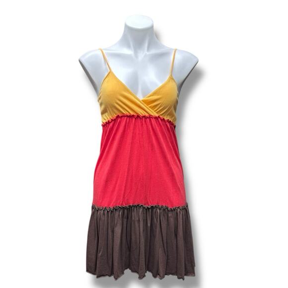 Energie Babydoll Mini Dress Sz S Color Block Tiered V Neck Jersey Y2K Boho Soft - Picture 5 of 5